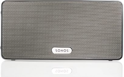 Trådlös ansluten Sonos PLAY:3 högtalare, vit, med svart galler, vitt Sonos-logotyp, framifrån
