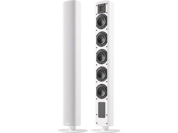 Ασύρματο συνδεδεμένο ηχείο Piega Ace 50 Wireless (TX + RT) λευκό, όψη από μπροστά και από το πλάι, 5 ορατά ηχεία