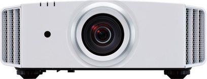 JVC DLA-X5500 hvid videoprojektor, set forfra, centreret linse omgivet af ventilationsriste, hvidt rektangulært kabinet