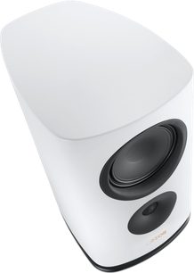 Canton Reference 9 GS bookshelf speaker, matte white, top-down view with white front panel and black drivers
