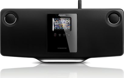 Philips MCI298 sort mini-anlæg set forfra, farve-touchskærm, 2 indbyggede højttalere