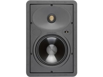 Monitor Audio Core W165 schwarzer Einbaulautsprecher, Frontansicht, Mitteltöner und Hochtöner, runde Metallabdeckung