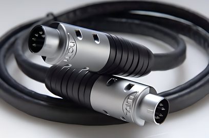 Tilpasset sort DIN analog lydkabel fra Naim Audio HI-Line, med metalkonnektorer, nærbillede i stor forstørrelse