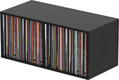 Dulap pentru viniluri Glorious Record Box 230 negru, spațiu de depozitare dreptunghiular jos cu două compartimente pline cu discuri așezate vertical