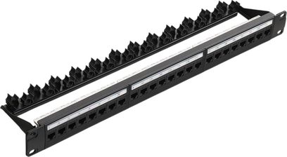 Patch panel 24× RJ45 CAT6 černý s 24 číslovanými porty na přední straně a zadním plastovým černým ozubeným držákem