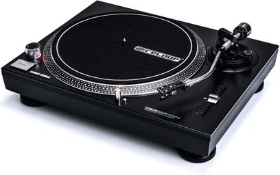 Sort Reloop RP 1000 MK2 pladespiller, rund pladespiller, højre tonarm, kontrolknapper, bagside tilslutninger