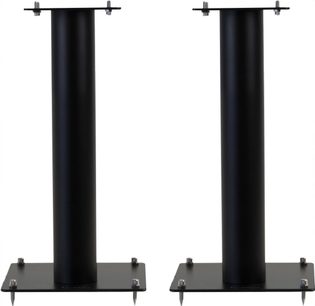 Twee Norstone Design Stylum 1 luidsprekerstandaards in zwart satijn, metalen buizen op vierkante sokkels