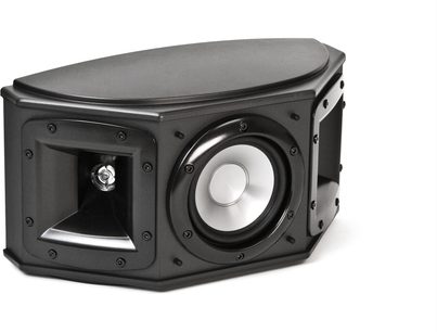 Klipsch Synergy S-10 sort baghøjttaler, set forfra i perspektiv, afrundet trapezformet design, central højttaler