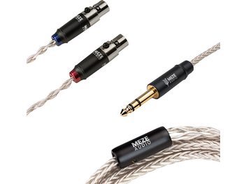 Câbles audio Meze Audio mini XLR vers jack 6,3 mm en argent et noir avec connecteurs métalliques et gaine tressée beige