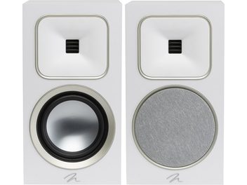Enceintes bibliothèques MartinLogan Foundation B1 blanc mat, vue de face, tweeter et woofer circulaires, grille amovible