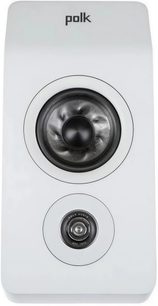 Polk Audio R900 luidspreker, wit, vooraanzicht, zwarte ronde luidspreker in het midden, rond zwart-wit logo onderaan