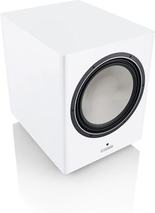 Canton Townus 12 Sub subwoofer i matt hvitt, trekvartsvy, stor svart og grå frontmontert høyttaler