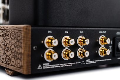 Feliks Audio Echo MKII Vibe, zadní strana černého sluchátkového předzesilovače se zlatými RCA vstupy a bočním dřevěným panelem