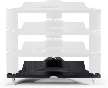 Mobile Hi-Fi Naim Audio FraimLite base nera, vista frontale, 3 ripiani bianchi, giradischi nero sul ripiano superiore