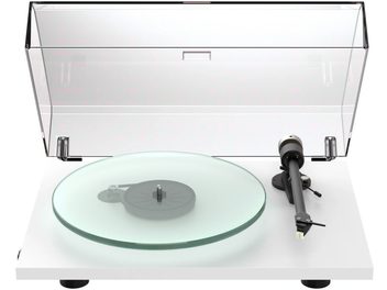 Hi-Fi vinüülplaadimängija Pro-Ject T2 Super Phono mattvalge läbipaistva klaasist plaadialuse, musta toonarmiga ja akrüülkaanega