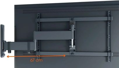 Чорне настінне кріплення для телевізора Vogel's TVM 3645, шарнірний кронштейн висунутий на 67 см, вигляд телевізора ззаду