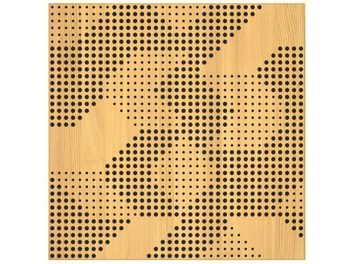 Panel acústico de madera perforada con agujeros circulares negros formando un patrón geométrico regular en toda la superficie