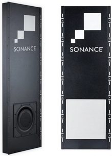 Inbyggd Sonance R12SUB-basbox, framifrån och från sidan, svart finish, vit fyrkantig galler i mitten