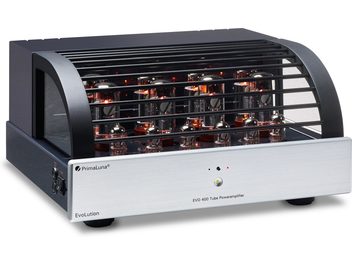 Amplificator de putere PrimaLuna EVO 400 argintiu, vedere frontală, grilă neagră, 8 tuburi incandescente, față argintie