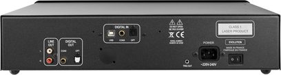 Přehrávač CD100 Evolution stříbrný, zadní pohled, konektory line out levý a pravý, digitální výstup koaxiální a optický, digitální vstup USB, koaxiální a optický, napájecí zdířka, vypínač