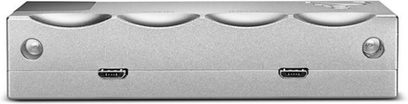 Lecteur audio réseau Chord Electronics 2 GO argent, vue de face, 4 boutons ronds, 2 ports USB, boîtier rectangulaire argenté