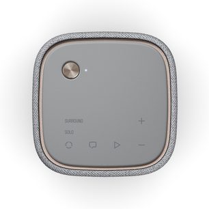 Enceinte sans fil connectée Yamaha WS-X1A gris clair, vue de face, forme carrée arrondie, contour argenté brillant