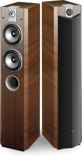 Focal Chorus 714 V gulvhøjttaler i venge, mørkt træ, 3 højttalere, diskanthøjttaler øverst, sort front, rektangulær form