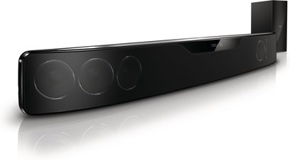 Philips HTS7111 sort soundbar, set forfra, med metalrist på forsiden og indbygget LED-display