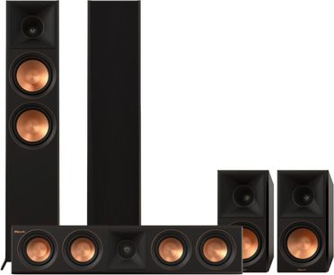 Pack RP-6000F II 5.0 ebony, 2 sloupové reproduktory s 2 měděnými výškovými reproduktory, 1 centrální reproduktor, 2 knihovnové reproduktory, pohled zepředu