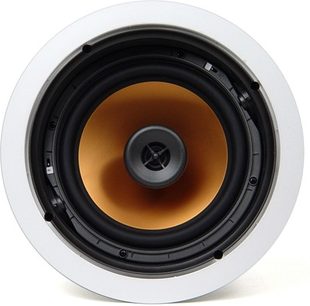 Klipsch CDT-5800-C rund, hvid indbygningsvenlig højttaler med orange højttaler i midten og sort gitter, set forfra