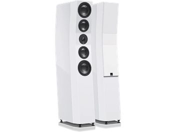 Bílá lakovaná sloupová reproduktorová sestava SVS Ultra Evolution Tower, pohled zepředu, 5 reproduktorů, bílý přední panel, černá základna