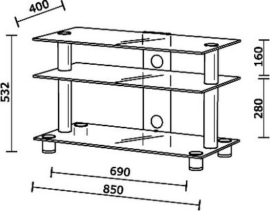 TV-møbel 8553-AL Just By Spectral i glas og metal, 3 hylder, 85 cm bred, 40 cm høj, 53 cm dyb, set forfra