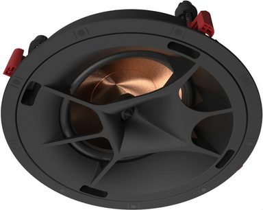 Klipsch PRO-180-RPC LCR schwarze Decken-Einbaulautsprecher, Rückansicht mit kupferfarbenem Lautsprecher und roten Befestigungen