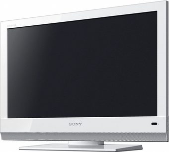 Sony KDL-22BX200W fladskærms-TV, sort, set forfra, hvid ramme, på metalstativ