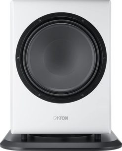 Canton Vento Sub 1 -subwoofer mattavalkoisena, etunäkymä suurella mustalla kaiutinelementillä mustalla jalustalla
