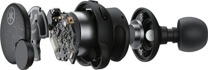 Åben hi-fi hovedtelefon Yamaha TW-E7B hvid, eksploderet visning af de forskellige sorte interne komponenter på hvid baggrund