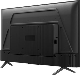 TCL 50QLED760 2022 sort TV, slukket skærm, frontvisning, på V-fod, stik på bagsiden