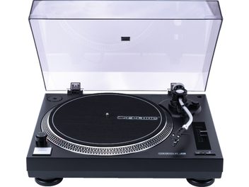 Gramofon hi-fi Reloop RT-1 BT z otwartą przezroczystą pokrywą, czarnym talerzem, srebrnym ramieniem odczytu i widocznymi elementami sterującymi