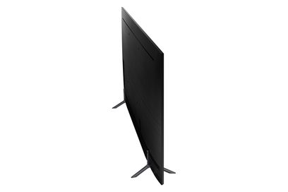 Samsung UE49NU7105-fladskærms-tv set fra siden, sort flad skærm, smal ramme, omvendt V-formet fod, rent og moderne design