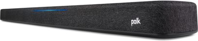 Polk Audio React Sound Bar sort, rektangulær form med akustisk gitter og logo, set forfra