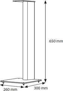 Q acoustics Q3000ST sort gulvhøjttaler, set forfra med dimensioner, vertikal rørstruktur på rektangulær base