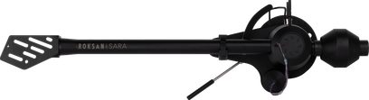 Tonearme til Roksan Sara pladespiller, set fra siden, sort finish, med modvægt, synlige kabler og gennembrudt hovedskal