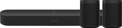 Sonos Beam + One SL sort soundbar-pakke i mat sort, bestående af en soundbar og to kompakte højttalere