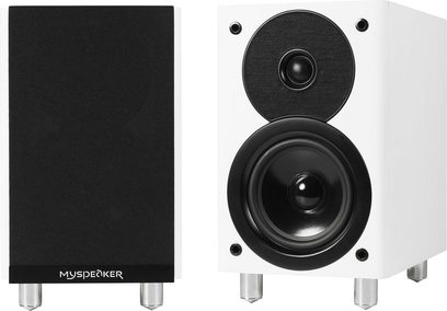 Regálová reprosoustava Micromega MySpeaker bílá, pohled zepředu a z boku, bílé tělo a černý reproduktor