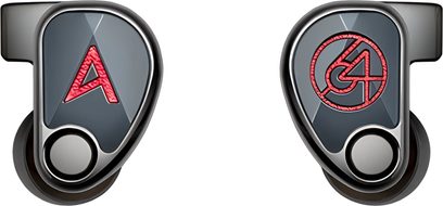 Ušesne slušalke Astell&Kern XIO temno sive in srebrne barve, sijajna sprednja stranica z rdečimi logotipi, pogled od spredaj na obe strani