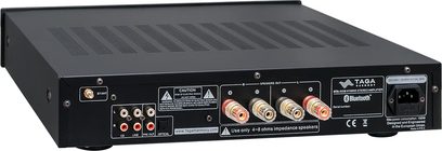 Taga Harmony HTA-600 sort hi-fi stereforstærker, bagside, audio- og Bluetooth-tilslutninger, 4 ohm, 150W per kanal
