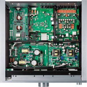 Technics SU-R1000E-K svart hi-fi stereoanlegg, frontvisning av innsiden, grønne elektroniske kretser, elektriske komponenter