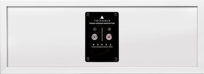 Diffusore centrale Triangle BRC2 bianco, vista posteriore, pannello rettangolare bianco con connettori audio su placca nera centrata