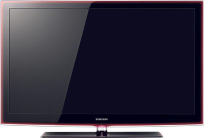 Flad, rektangulær sort Samsung UE55B7000 fladskærms-TV, slukket, set forfra, på grå og rød baggrund