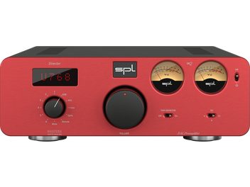 Preamplificatore stereo SPL Director Mk2 rosso con pannello frontale rosso, schermo digitale, manopola centrale, 2 VU meter rotondi e interruttori